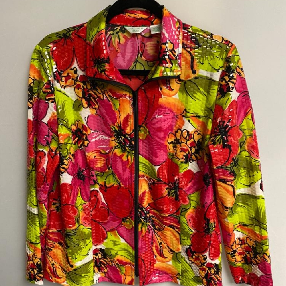 Laura Ashley Women's Shiny Full Zip Pink Green Sequin Front Pockets Jacket Sz PL